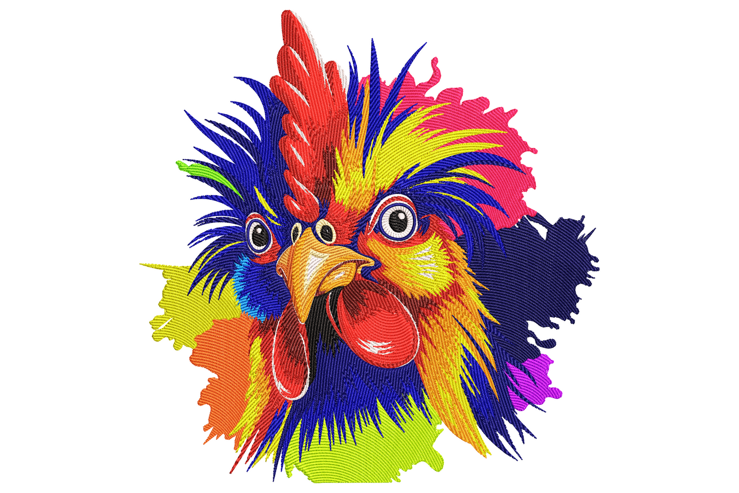 Vibrant chicken head embroidery design with multicolour exploding rooster crest in blue, magenta, lime green and red on dark navy paint splash background.