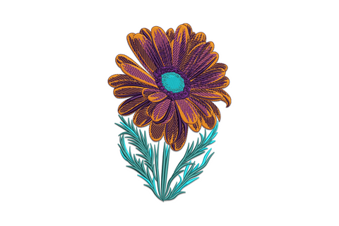 Vibrant daisy flower embroidery with burnt orange petals, deep purple centre disc, teal leaves and navy directional stitch outlines.