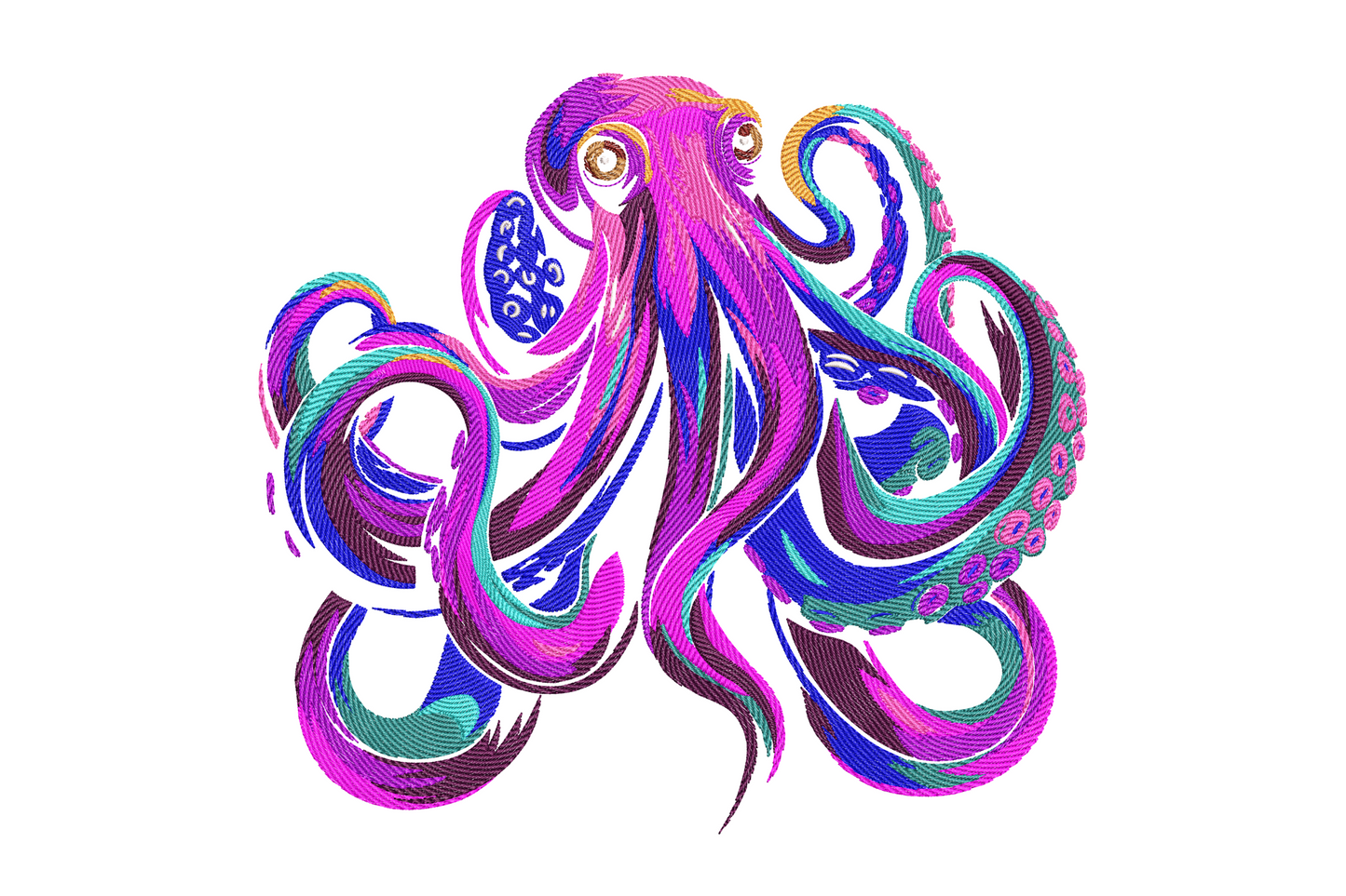Vibrant octopus embroidery with teal-to-purple mantle and eight tentacles shifting from blue to coral and yellow at the tips, machine embroidery design on white background