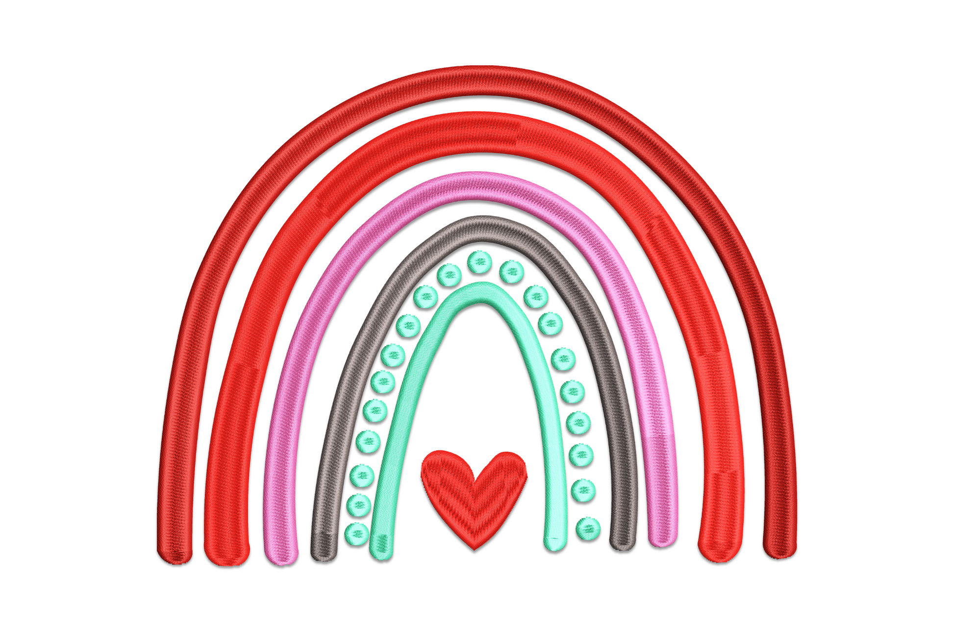 Vibrant rainbow embroidery design, five colour satin arcs with white cloud bases, nursery style for baby onesies and hoops