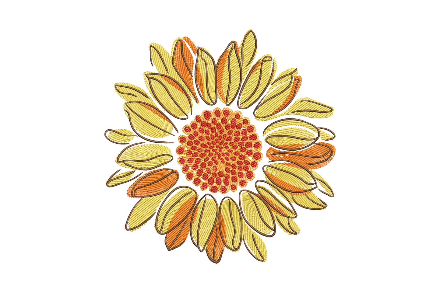 Vibrant sunflower embroidery design, face-on bloom in yellow amber and dark red, machine embroidery pattern