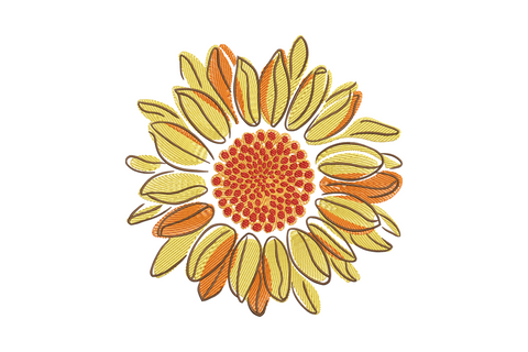 Vibrant sunflower embroidery design, face-on bloom in yellow amber and dark red, machine embroidery pattern