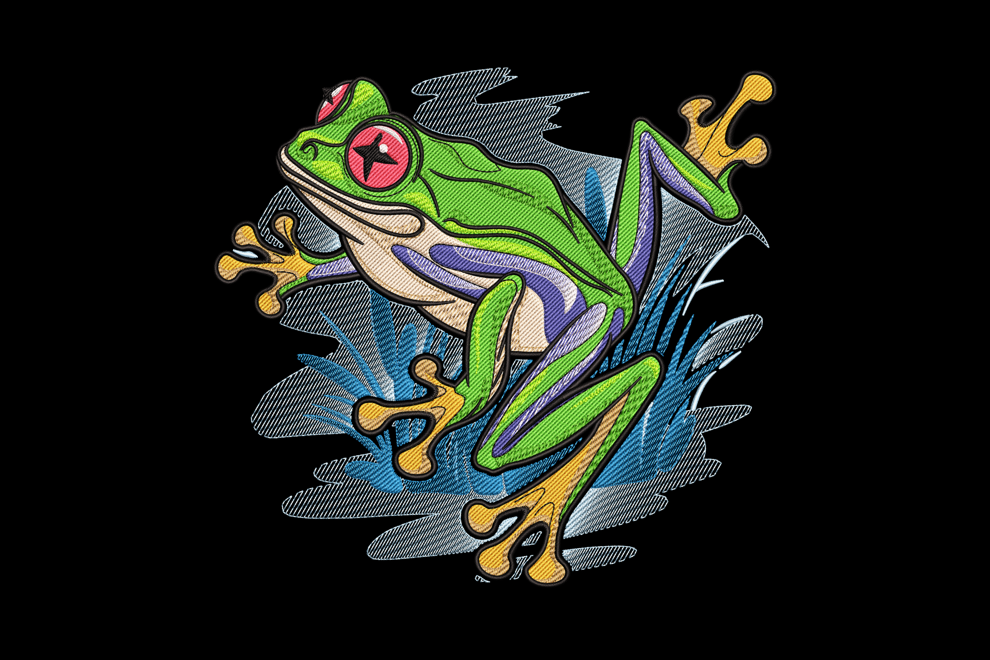 Vibrant red-eyed tree frog embroidery design, 12 colours, bright lime green body with vivid red eyes and orange toe pads, realistic wildlife style