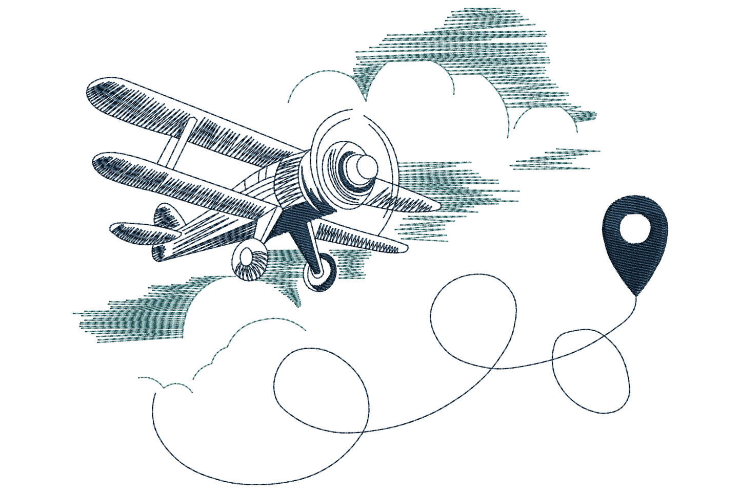 Vintage biplane embroidery with a looping cloud trail and map pin in two teal-blue tones on white background.