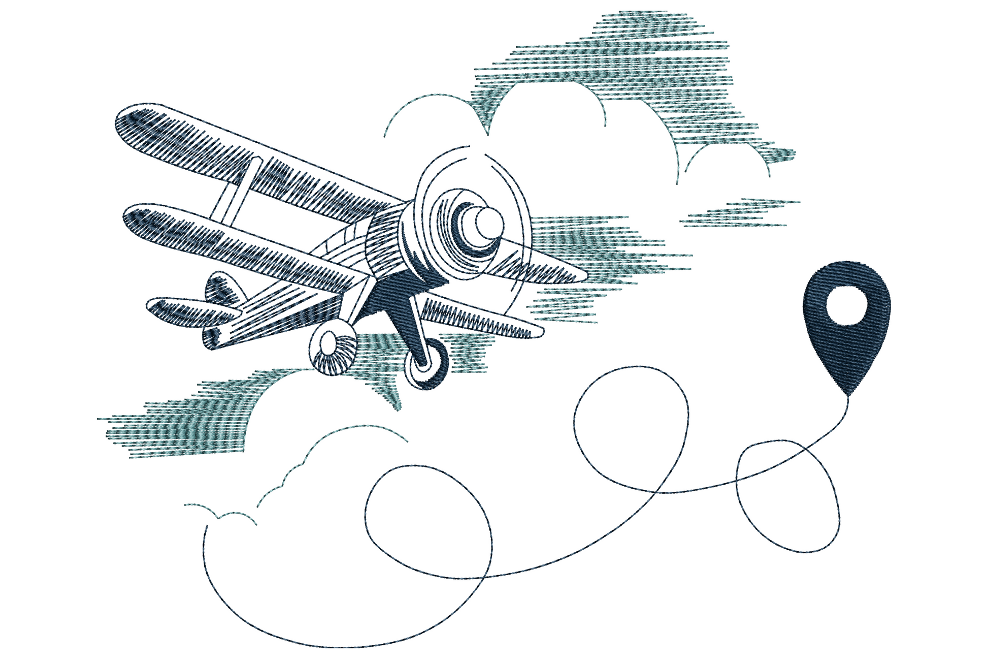Vintage biplane embroidery with a looping cloud trail and map pin in two teal-blue tones on white background.