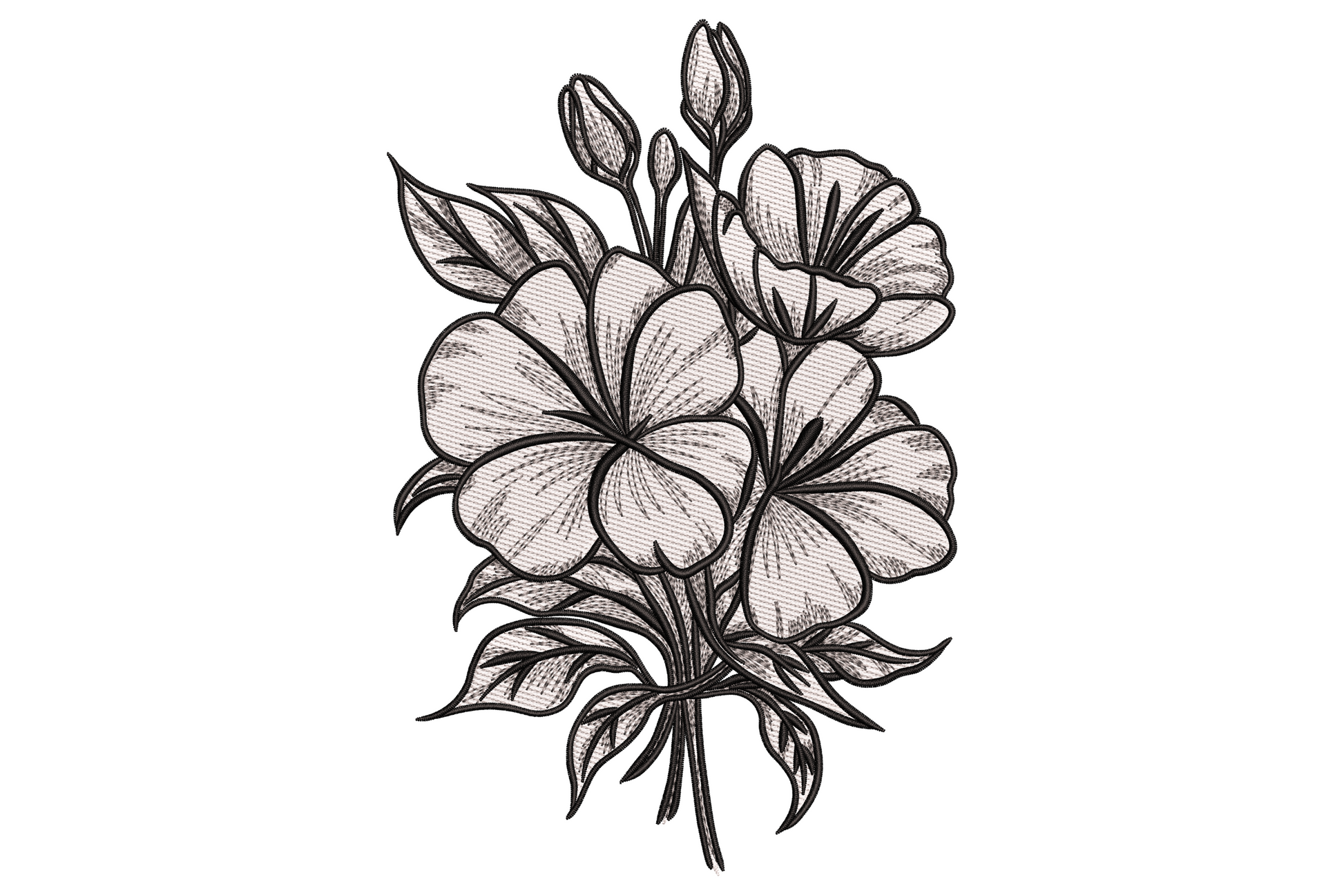 Vintage black and white flower bouquet embroidery with crosshatch fills, buds and leaves, engraving style, 9 sizes.