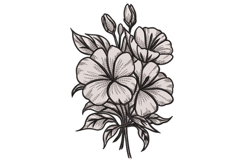 Vintage black and white flower bouquet embroidery with crosshatch fills, buds and leaves, engraving style, 9 sizes.
