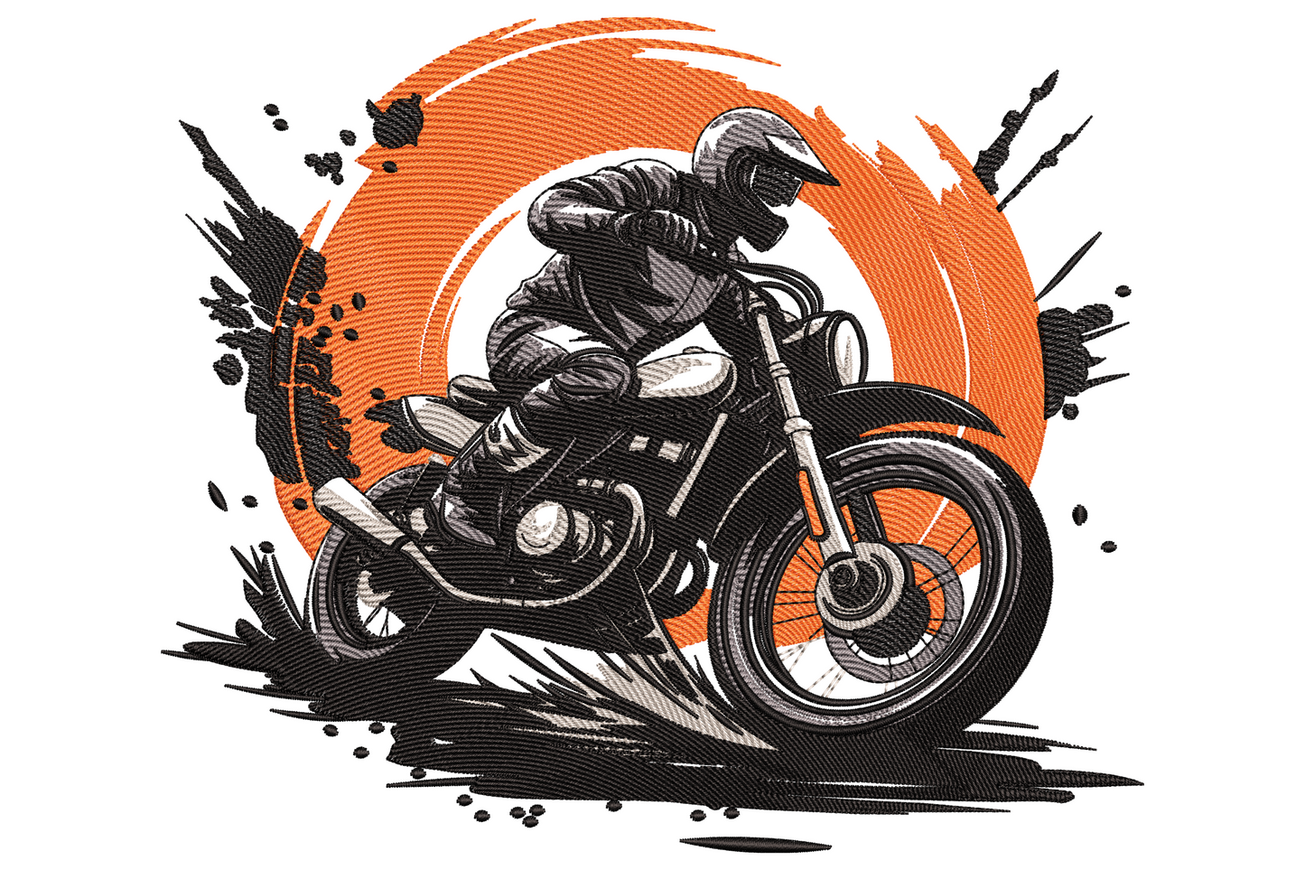 Vintage cafe racer motorcycle embroidery design, helmeted rider cornering hard with bold orange sun circle and ink splatter, crosshatch engraving style.