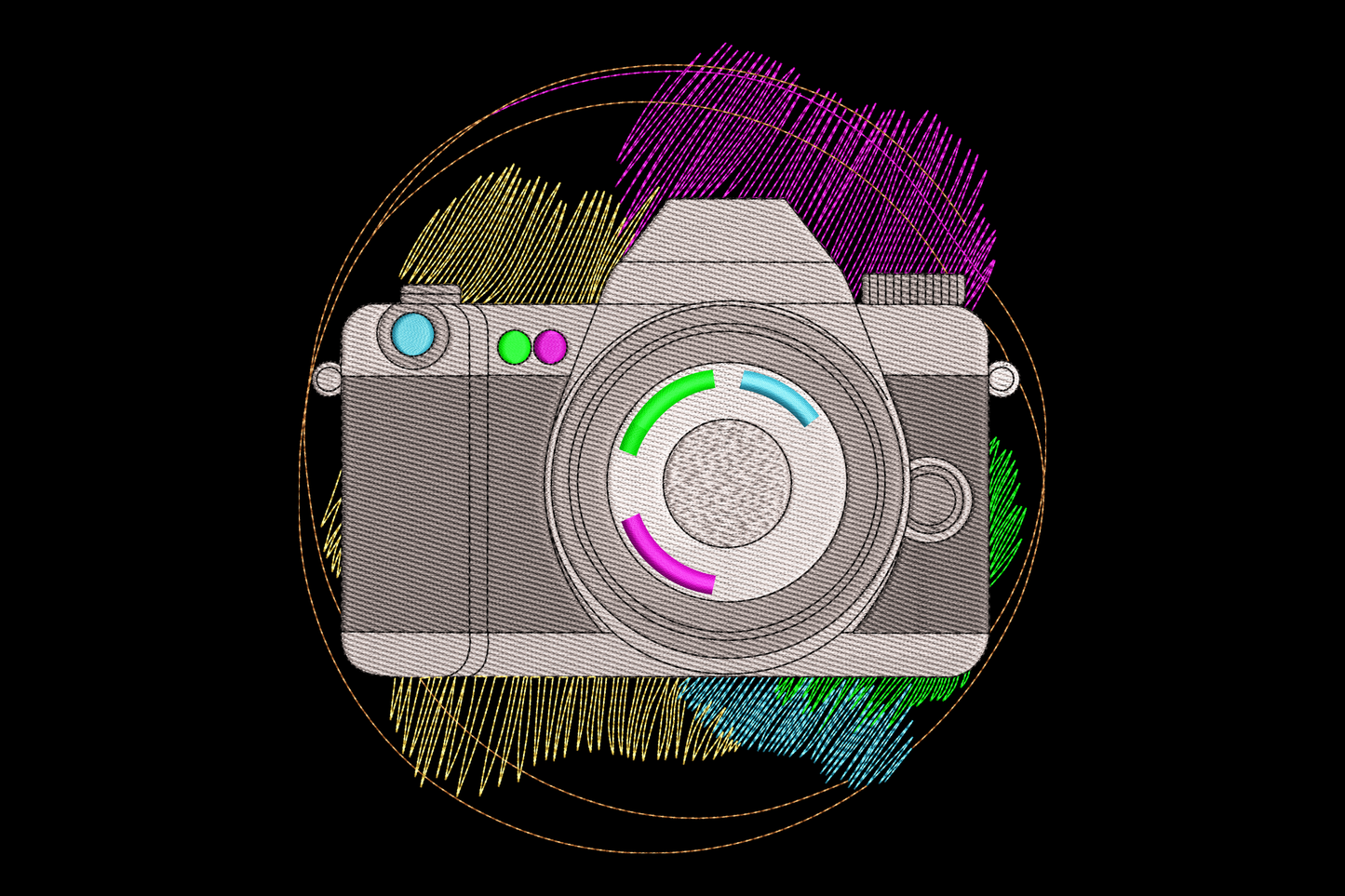 Embroidered design of a camera with colorful thread