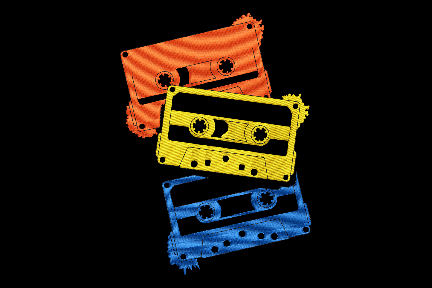 Three colorful cassette tapes on a black background