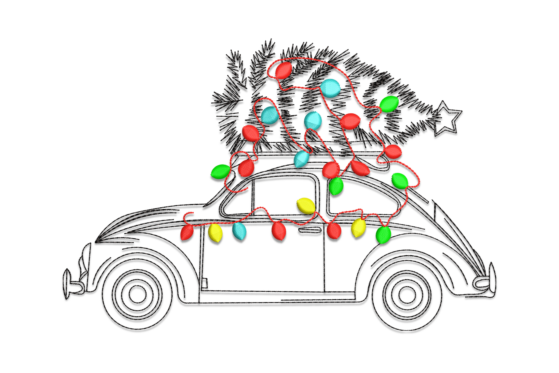 Vintage Christmas car with tree on roof embroidery, deep red and forest green retro postcard style.