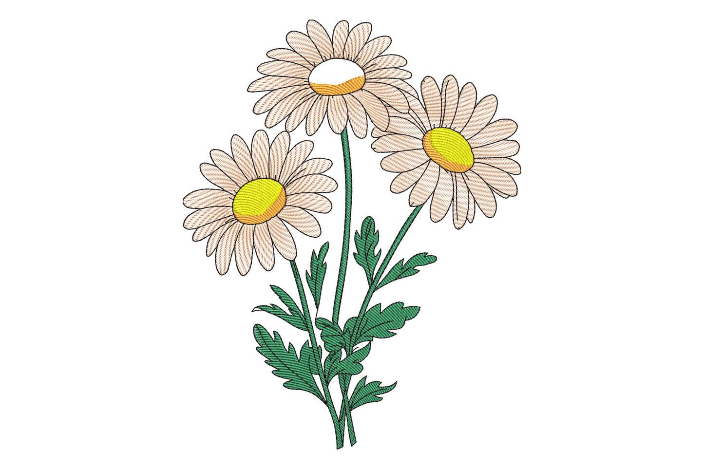 Vintage daisy bouquet embroidery design, three cream white daisies with golden centres on green stems, botanical style, 9 sizes.