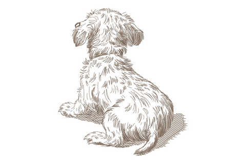 Vintage hand-sketch style dog embroidery design featuring a seated dog in sepia single-thread linework with cross-hatching detail on muzzle and drooping ears on kraft pillow fabric