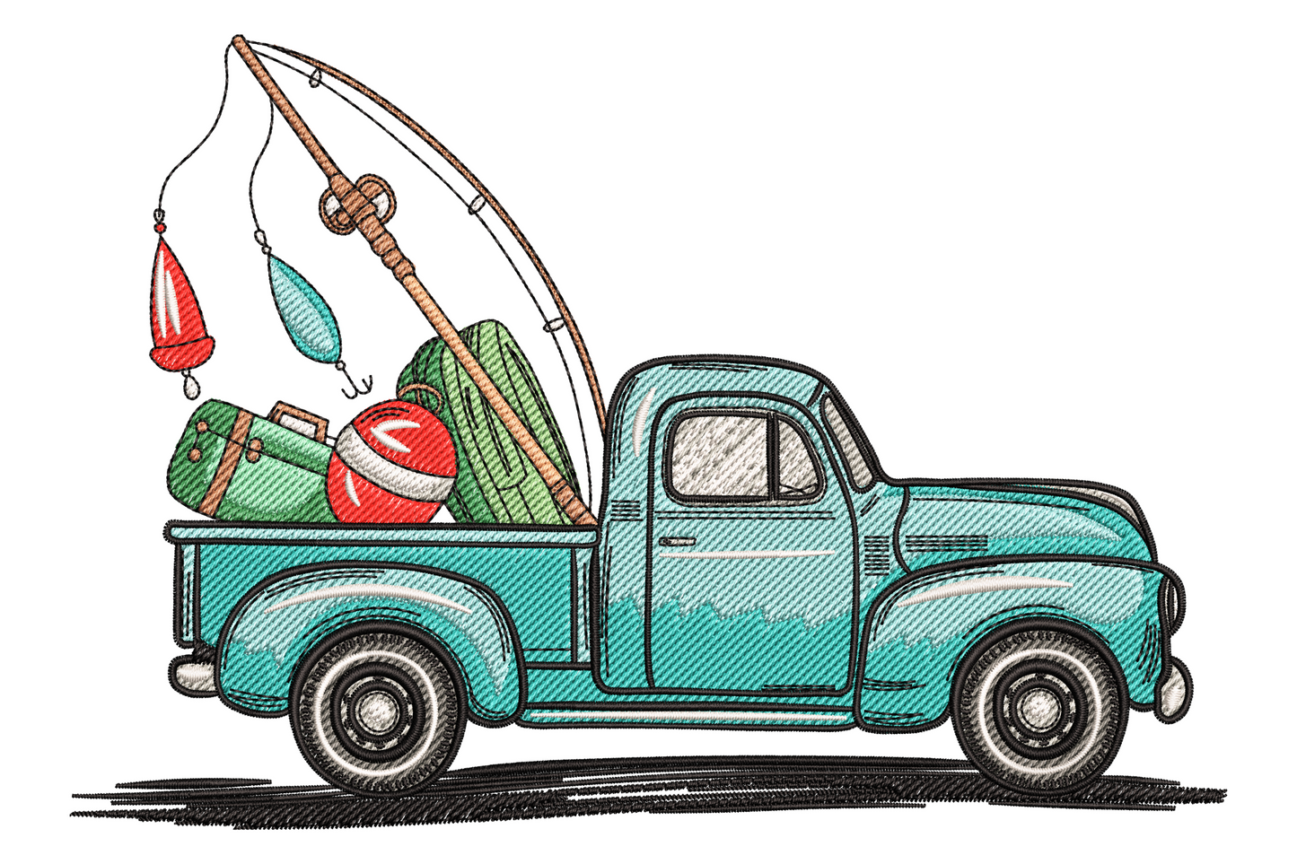 Vintage teal fishing truck embroidery with fishing rod, bobbers and tackle in classic illustrated sketch style.