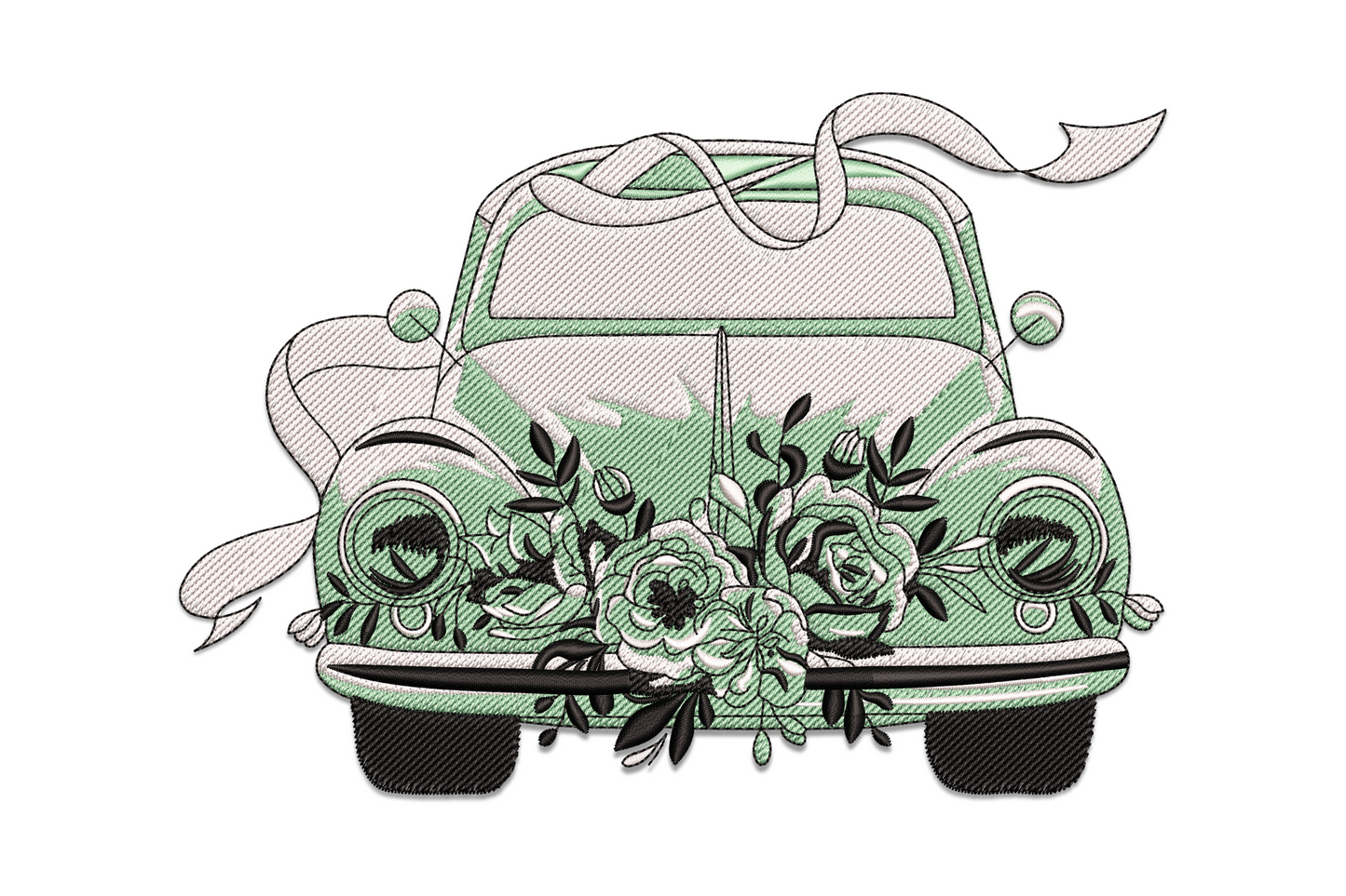 Vintage floral car embroidery design showing sage green Beetle-style car with white peony bouquet and ribbon streamers