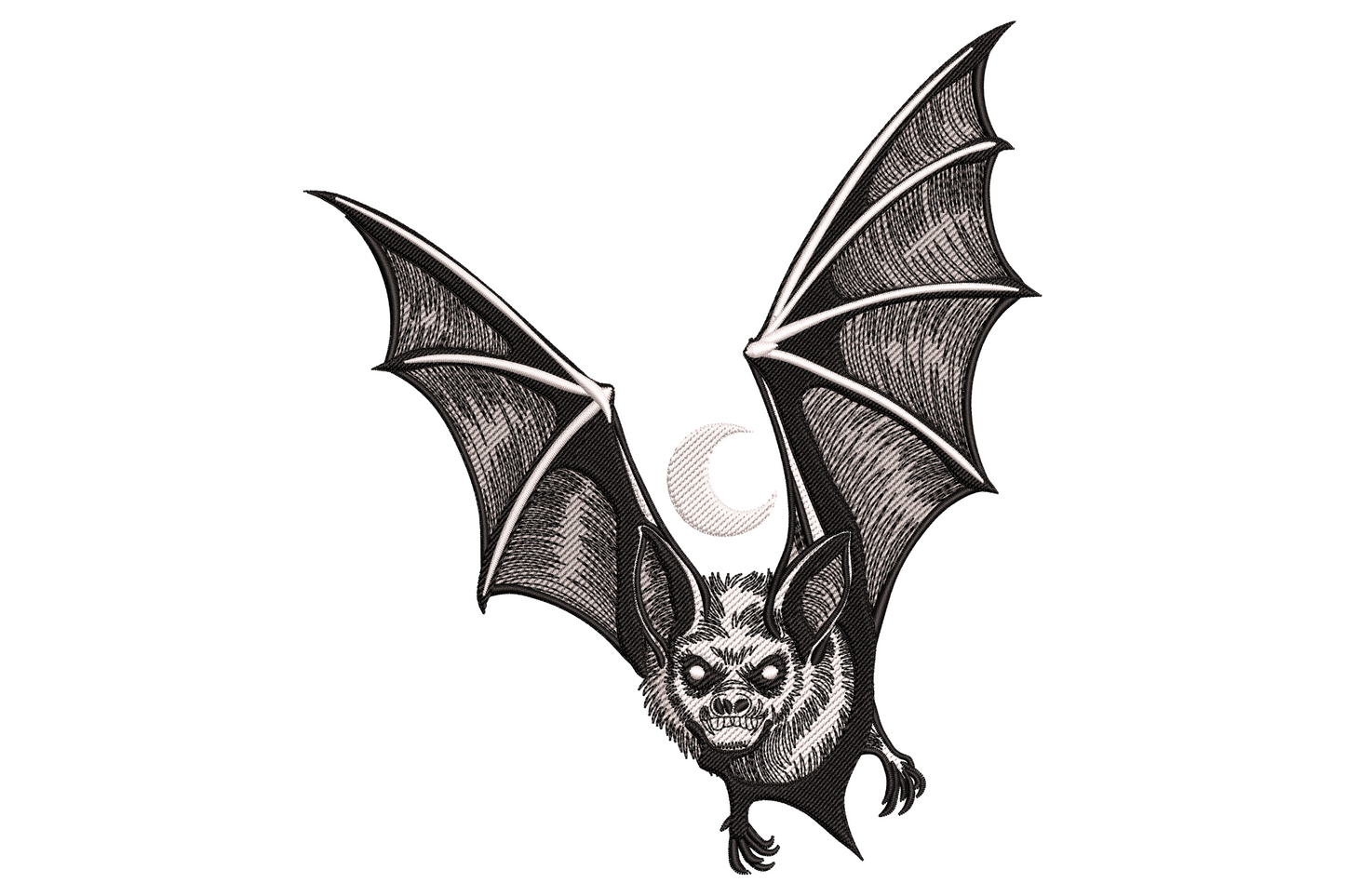 Vintage flying bat in full wingspan spread, near-black and charcoal with muted orange-brown accents, Victorian woodblock engraving style, square composition on white.