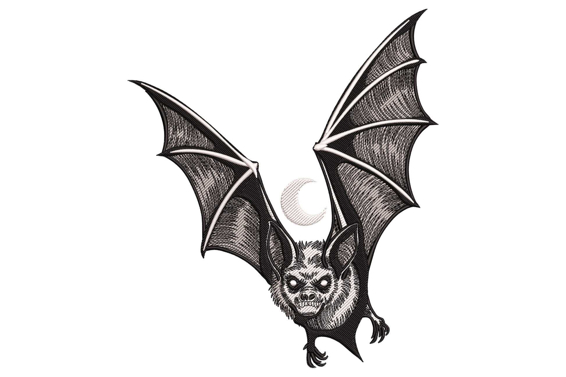 Vintage flying bat in full wingspan spread, near-black and charcoal with muted orange-brown accents, Victorian woodblock engraving style, square composition on white.