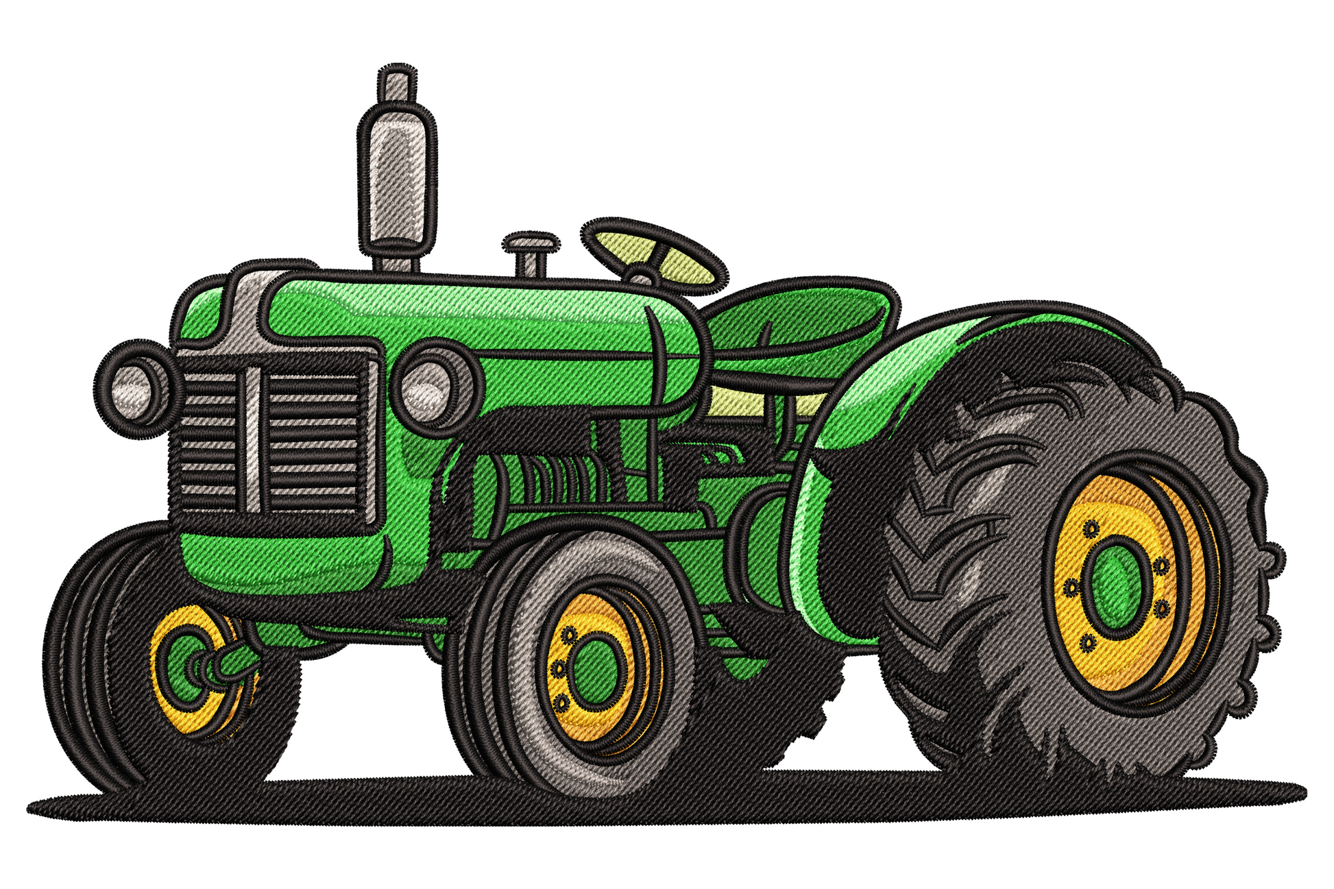 Vintage green farm tractor embroidery design with chunky black tyre, mustard yellow rims and tall exhaust stack