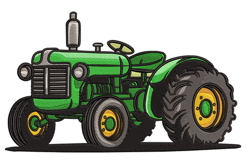 Vintage green farm tractor embroidery design with chunky black tyre, mustard yellow rims and tall exhaust stack