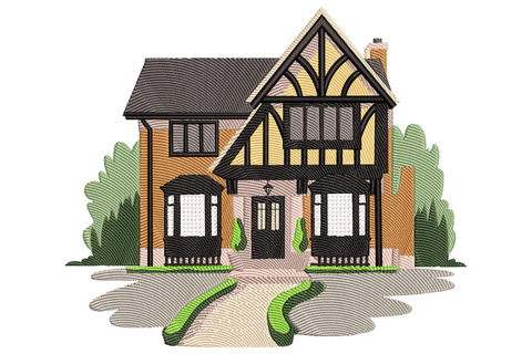 Vintage tudor cottage embroidery design with sand walls, timber framing, grey shingle roof and green hedges