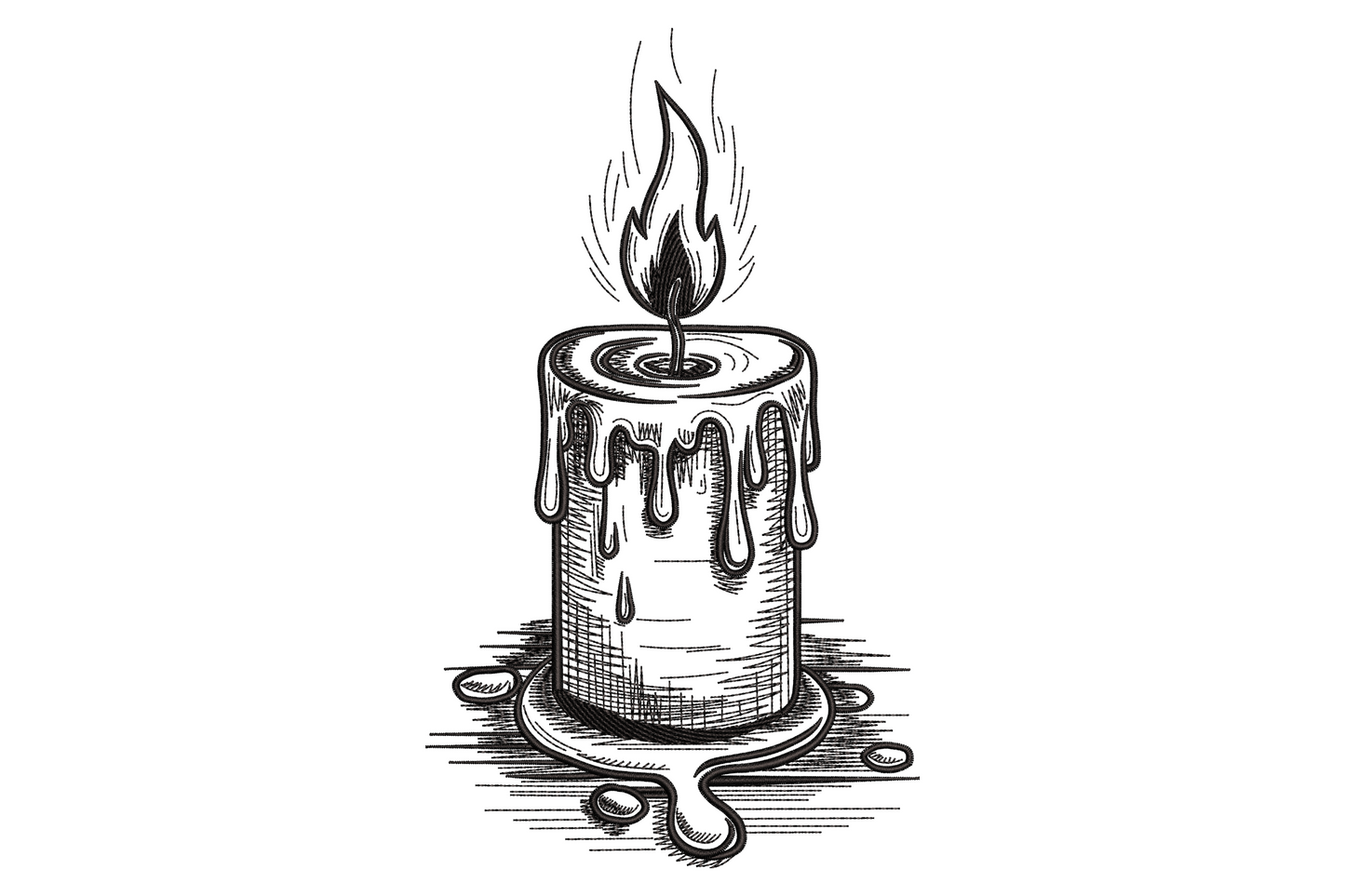 Vintage melting candle embroidery design with a tall tapered pillar candle amber flame and long cream wax drips rendered in warm sepia tones with a Victorian keepsake quality