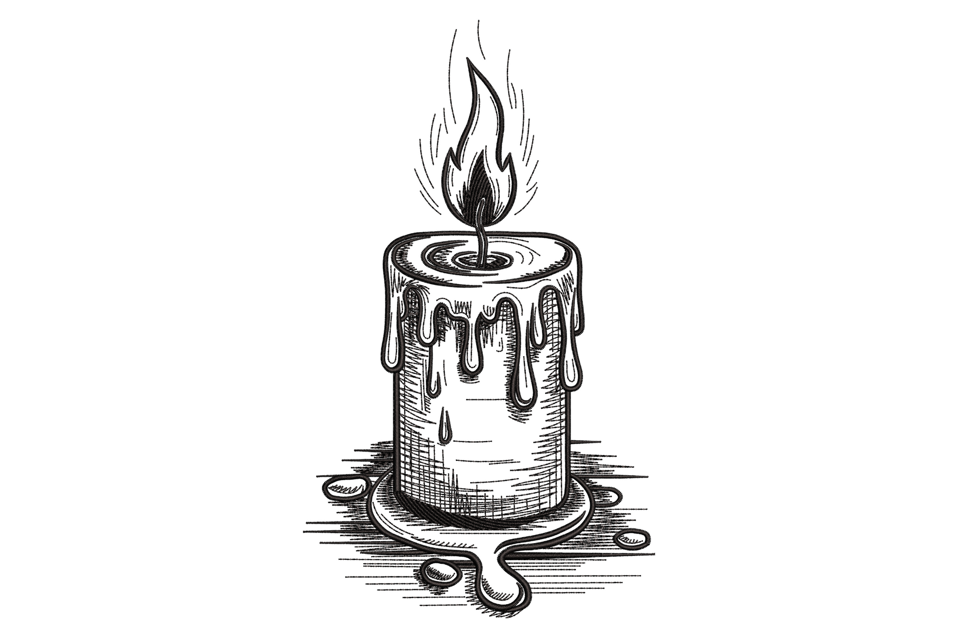 Vintage melting candle embroidery design with a tall tapered pillar candle amber flame and long cream wax drips rendered in warm sepia tones with a Victorian keepsake quality