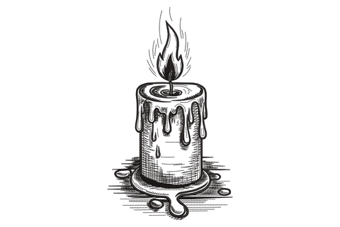 Vintage melting candle embroidery design with a tall tapered pillar candle amber flame and long cream wax drips rendered in warm sepia tones with a Victorian keepsake quality