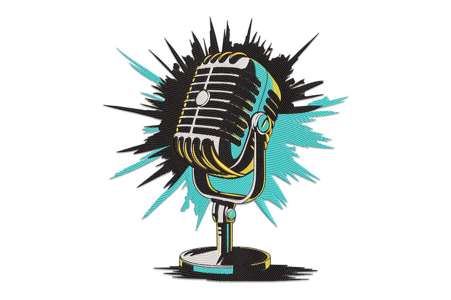 Vintage ribbon microphone embroidery design with gold casing, black hatching body, aqua teal sound burst background on white