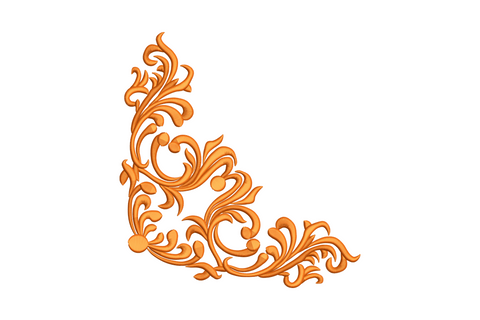 Vintage ornamental floral corner scroll embroidery design with 1920s art deco symmetrical scroll flourishes and tight geometric blooms in single colour.