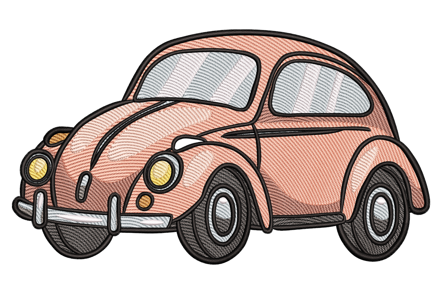 Machine embroidery design of a vintage pink beetle car in bubblegum pink with cream and chrome accents, retro flat style, 9 sizes
