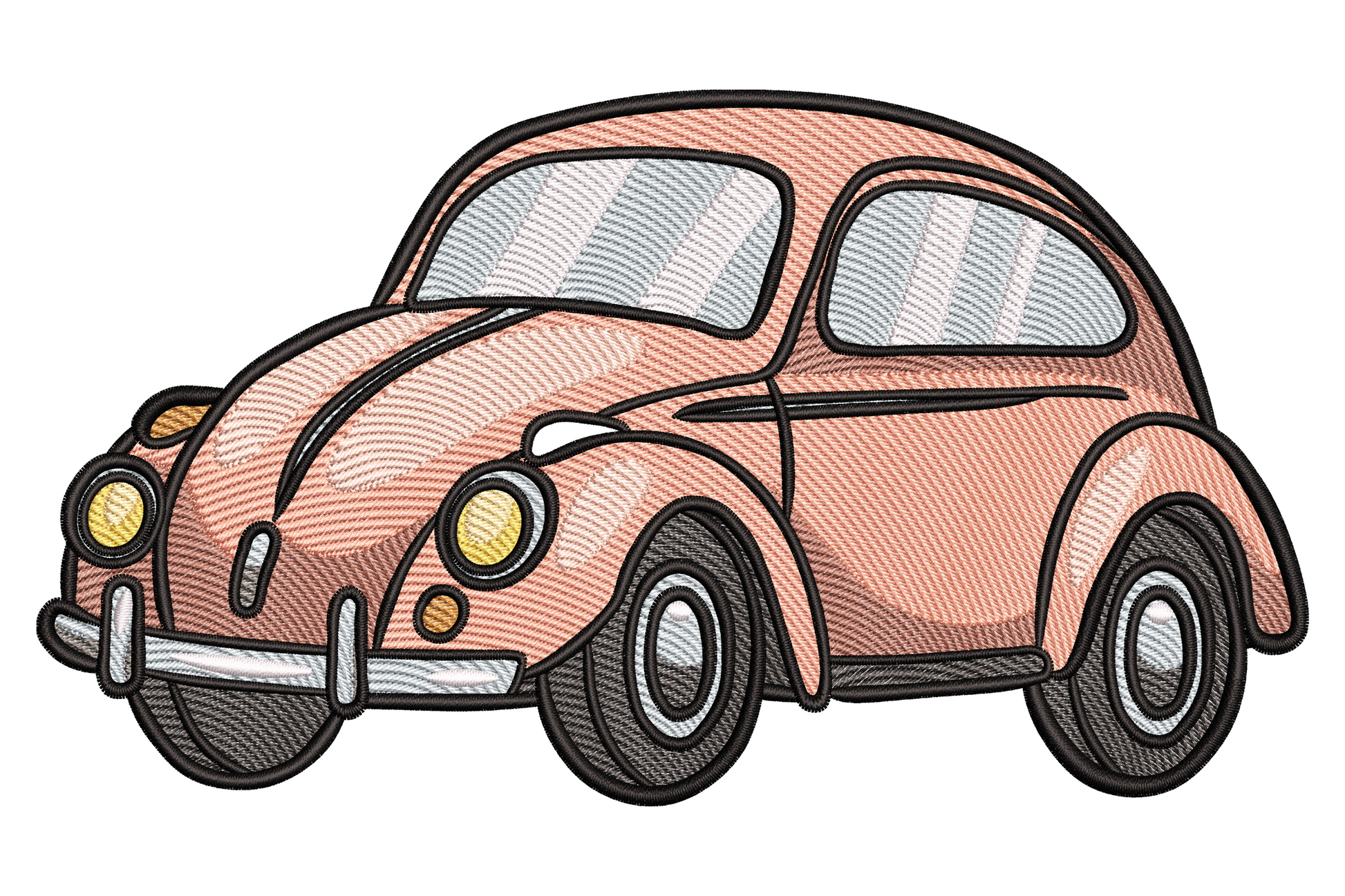 Machine embroidery design of a vintage pink beetle car in bubblegum pink with cream and chrome accents, retro flat style, 9 sizes