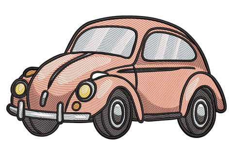 Machine embroidery design of a vintage pink beetle car in bubblegum pink with cream and chrome accents, retro flat style, 9 sizes