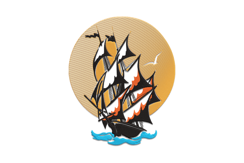 Vintage pirate ship with sails and rigging embroidery design, 4 colours, 5 sizes 3.5 to 7.5 inches wide
