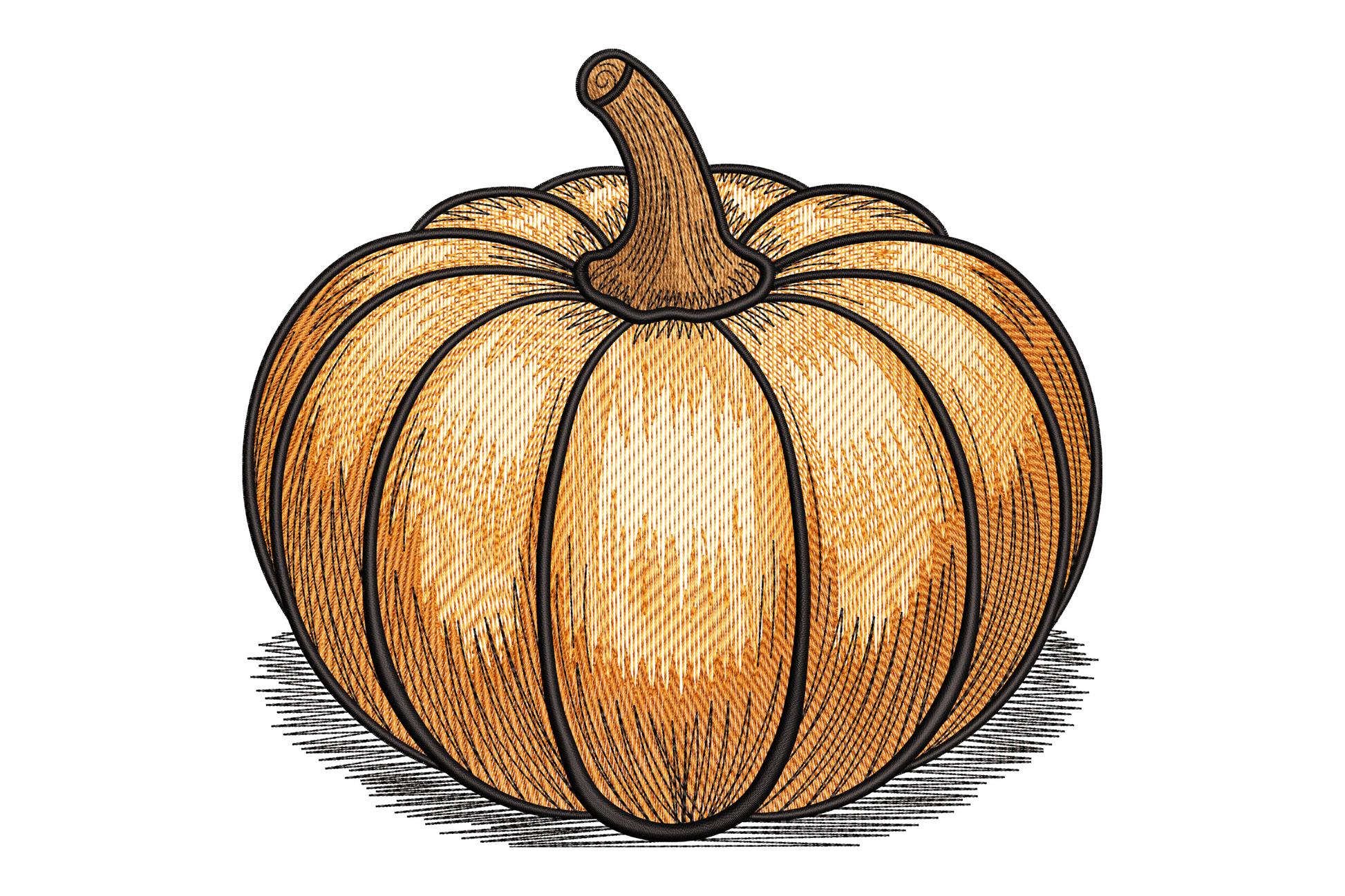 Vintage pumpkin embroidery in muted dusty orange with bent stem curling green vine and single sage leaf