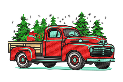 Vintage red pickup truck with teal trim, wooden bed loaded with three pine christmas trees and white snow dot accents.