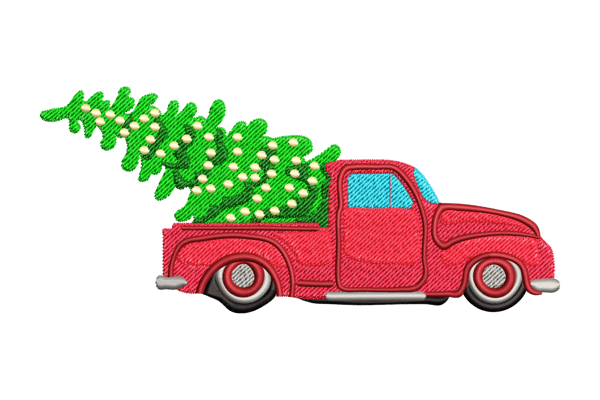 Vintage red truck with christmas tree embroidery design, 11 colours landscape format, 5 sizes to 3.27 inches wide