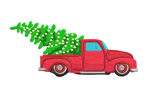 Vintage red truck with christmas tree embroidery design, 11 colours landscape format, 5 sizes to 3.27 inches wide