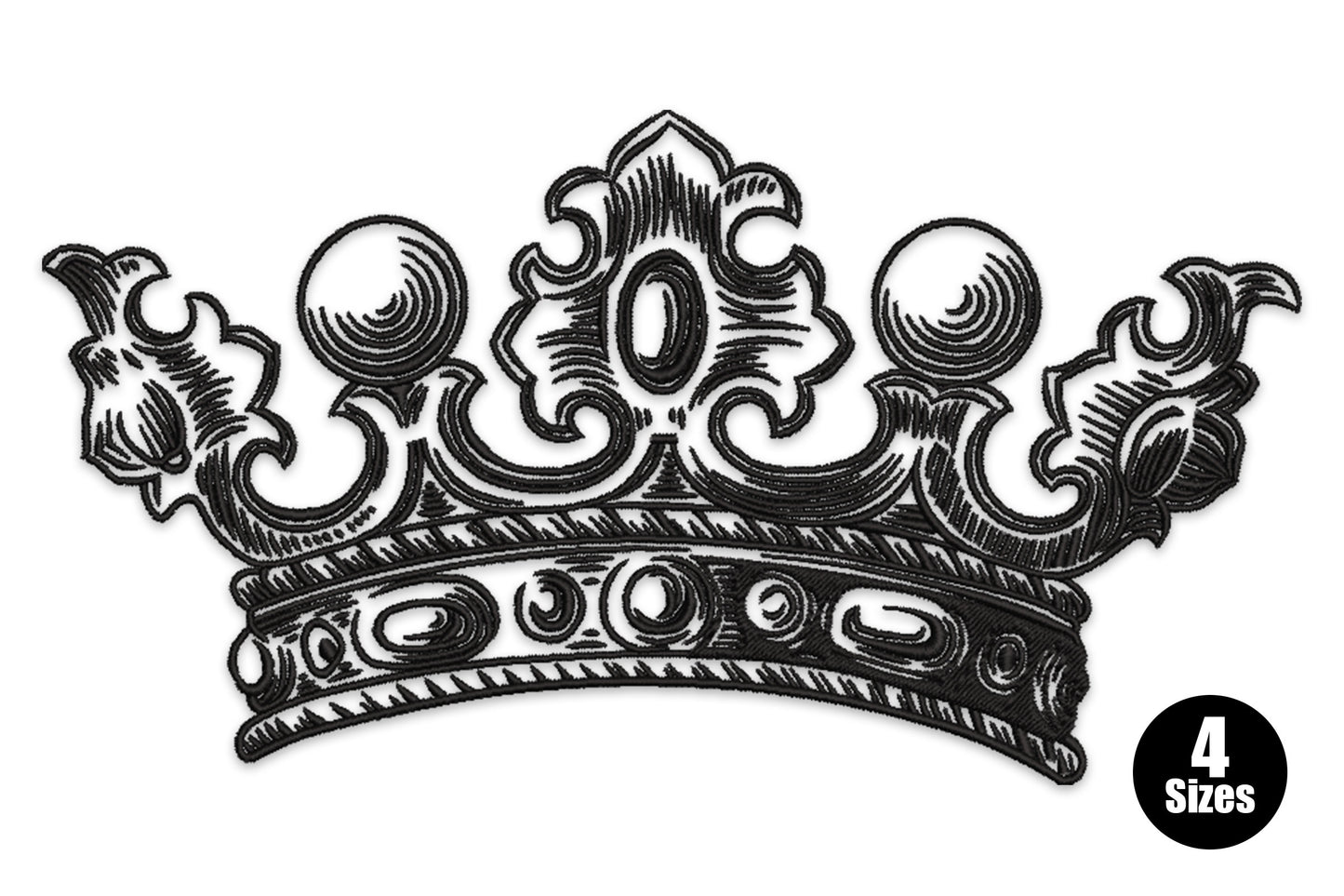 Vintage royal crown embroidery design with baroque scrollwork, three orbs, acanthus leaf sides and engraving-style black directional stitching.