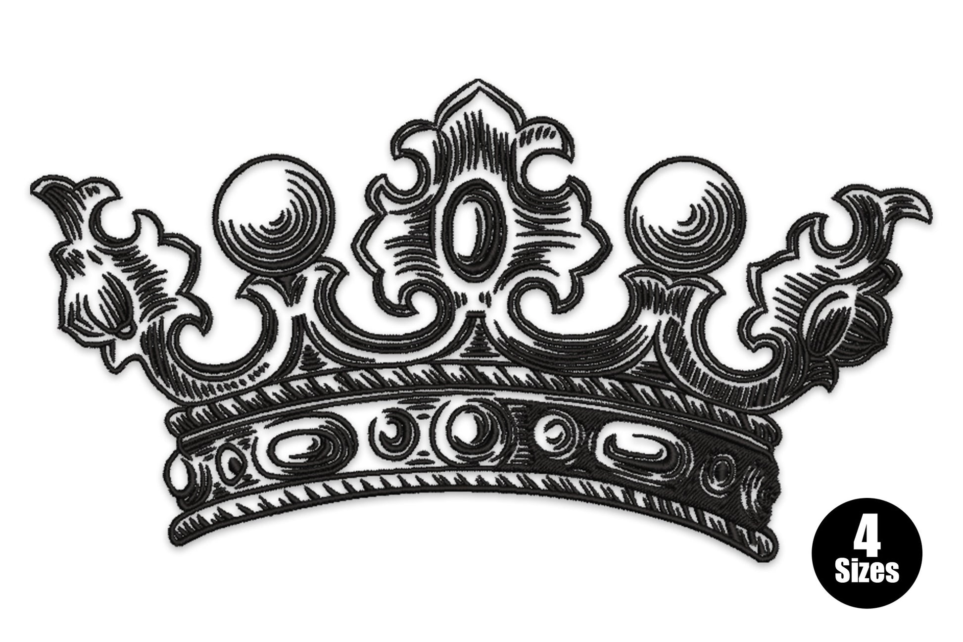 Vintage royal crown embroidery design with baroque scrollwork, three orbs, acanthus leaf sides and engraving-style black directional stitching.