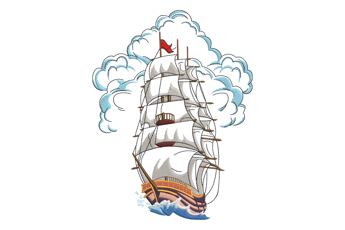 Vintage sailing ship embroidery, white sails, blue-grey clouds, red flag, gold hull trim and ocean waves, tattoo-flash style.