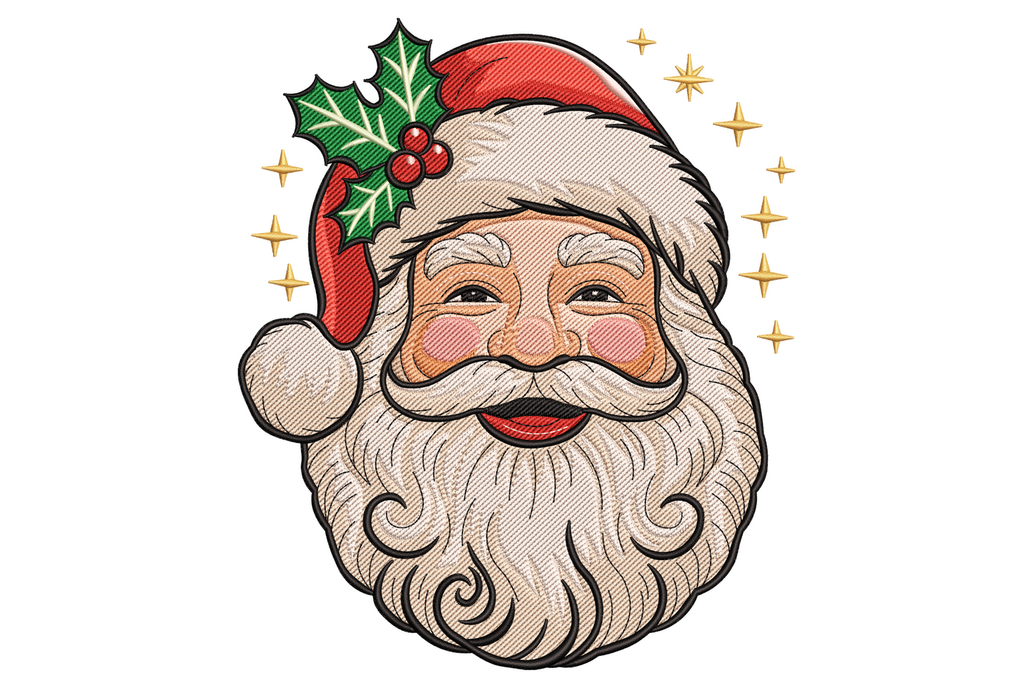 Classic vintage Santa Claus face with curly white beard, rosy cheeks, red cap with holly leaf and berries, gold sparkle stars, nostalgic christmas embroidery