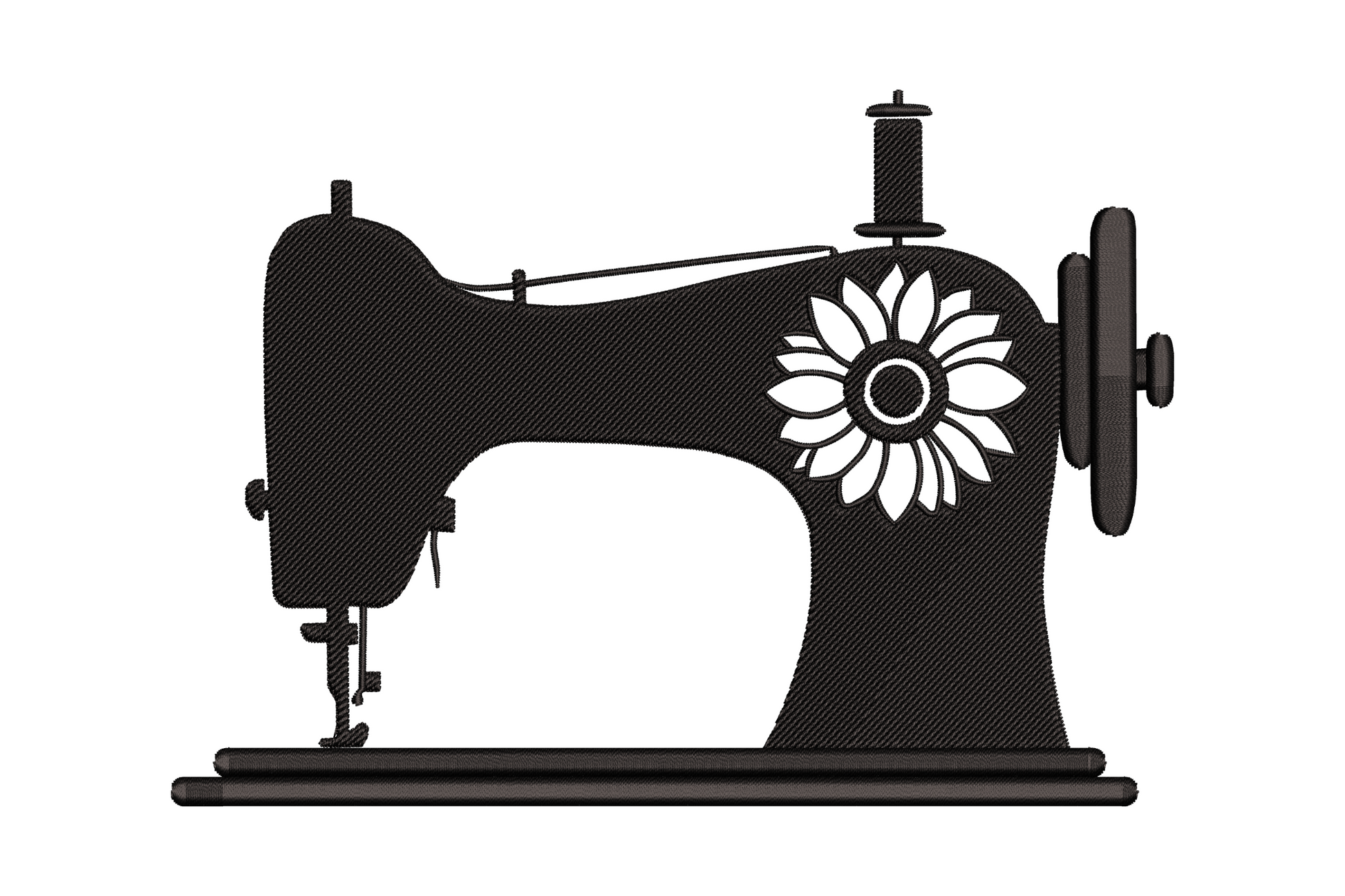 Vintage sewing machine silhouette embroidery in black with white sunflower accent, treadle style, thread spool detail.