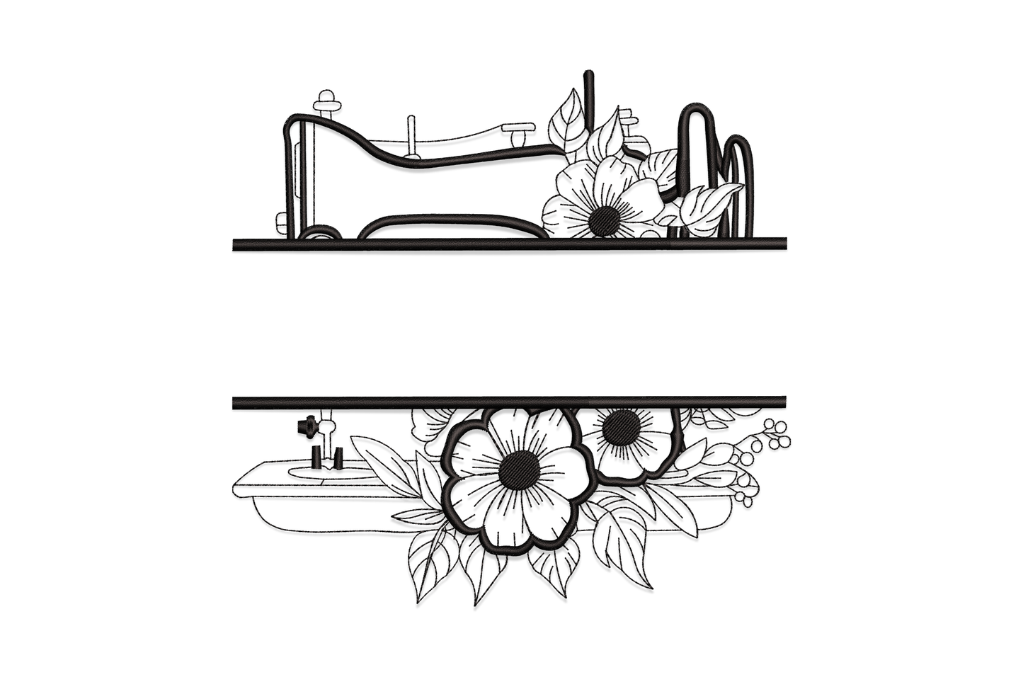 Vintage sewing machine with flowers split frame embroidery design in black fine line art, open blooms with petals and leaves across machine body.