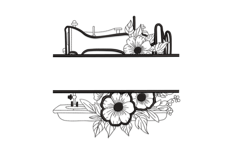 Vintage sewing machine with flowers split frame embroidery design in black fine line art, open blooms with petals and leaves across machine body.