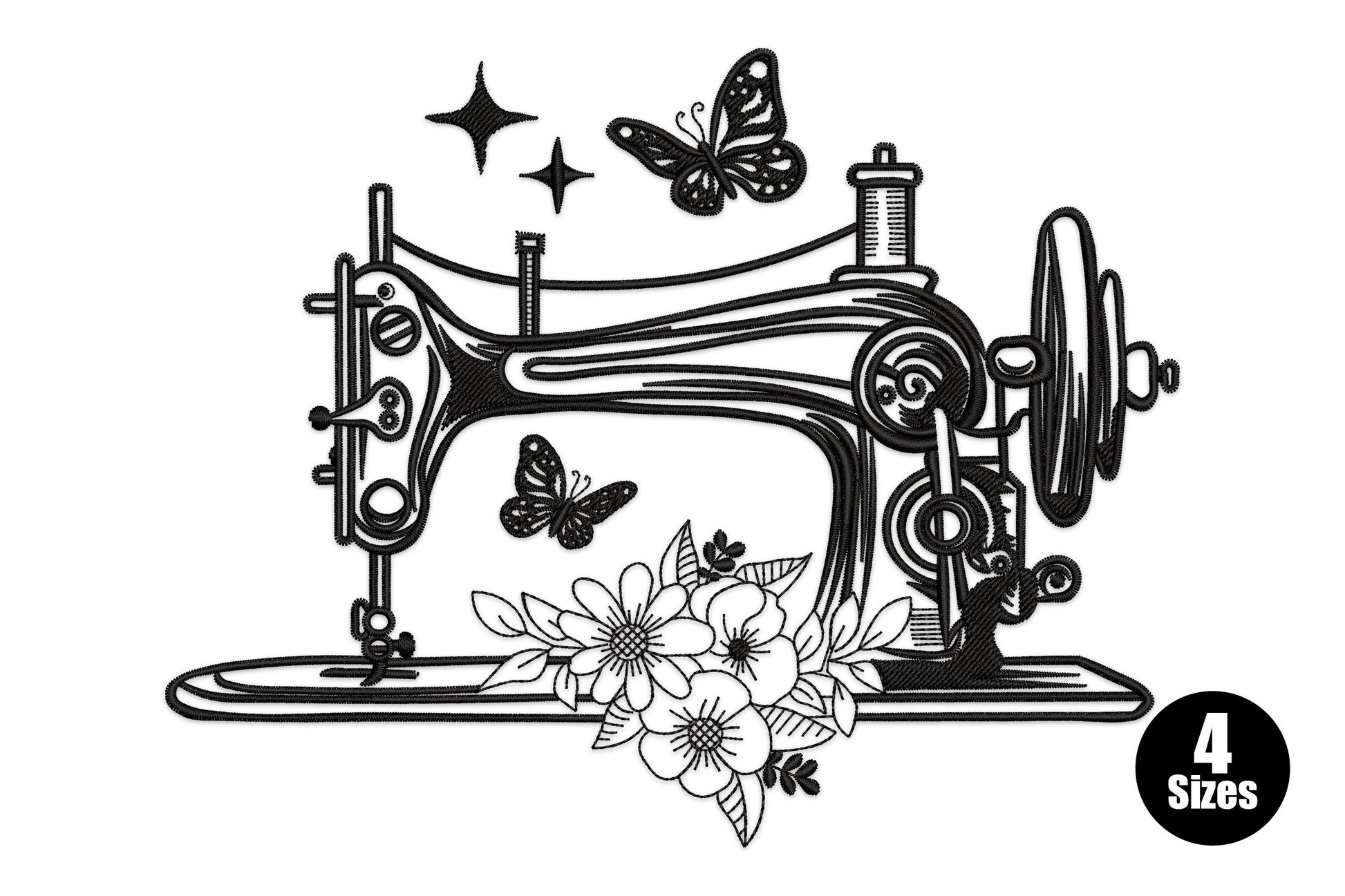 Vintage sewing machine embroidery in black line art with two butterflies, a wildflower bouquet at the base and a sparkle motif.