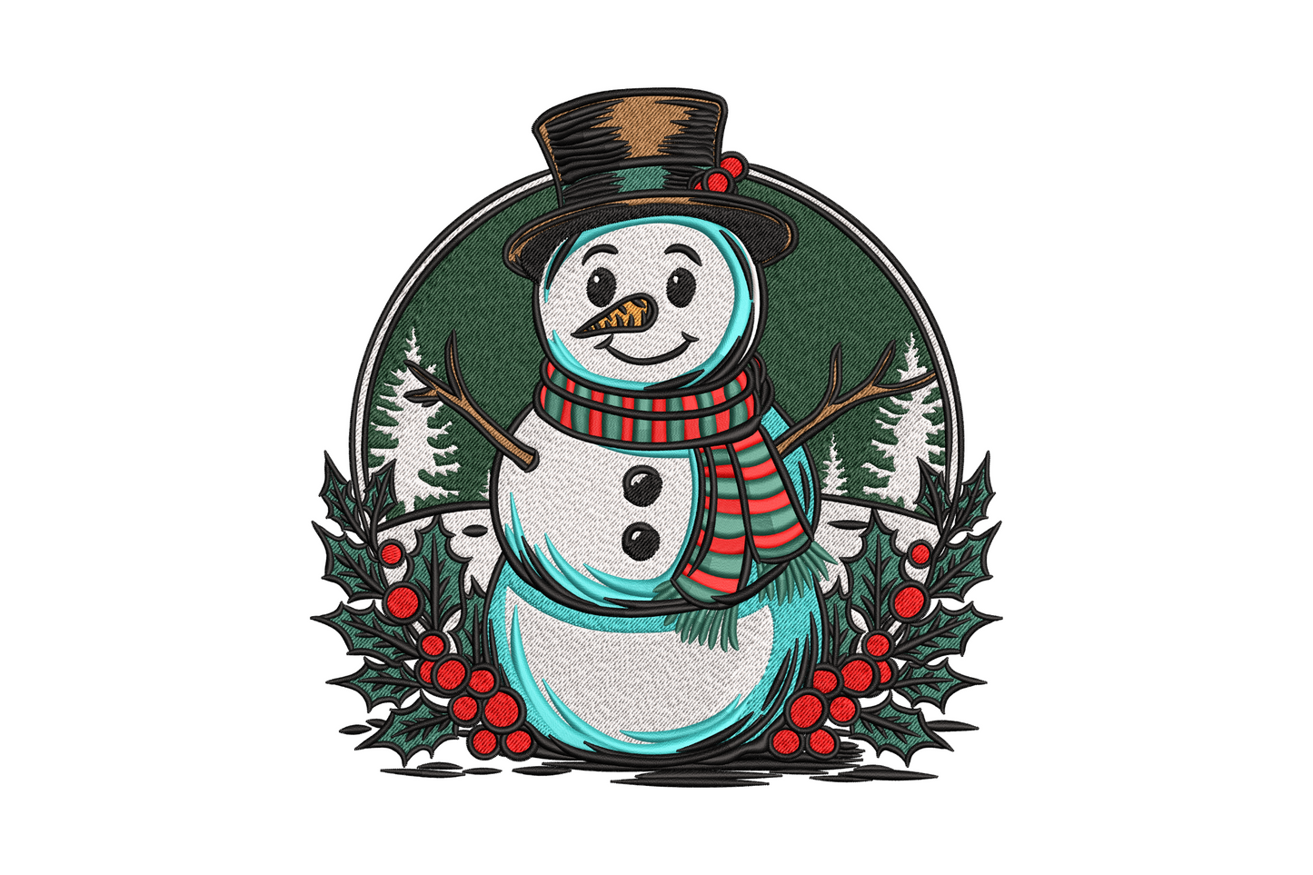 Vintage style snowman in top hat inside a round holly berry frame, storybook illustration christmas embroidery with 8 colours