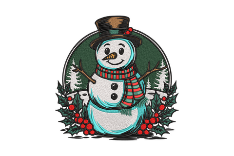 Vintage style snowman in top hat inside a round holly berry frame, storybook illustration christmas embroidery with 8 colours