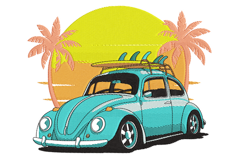 Vintage surf car embroidery design, retro woody wagon with surfboards on roof rack, cream body with teal and coral accents.