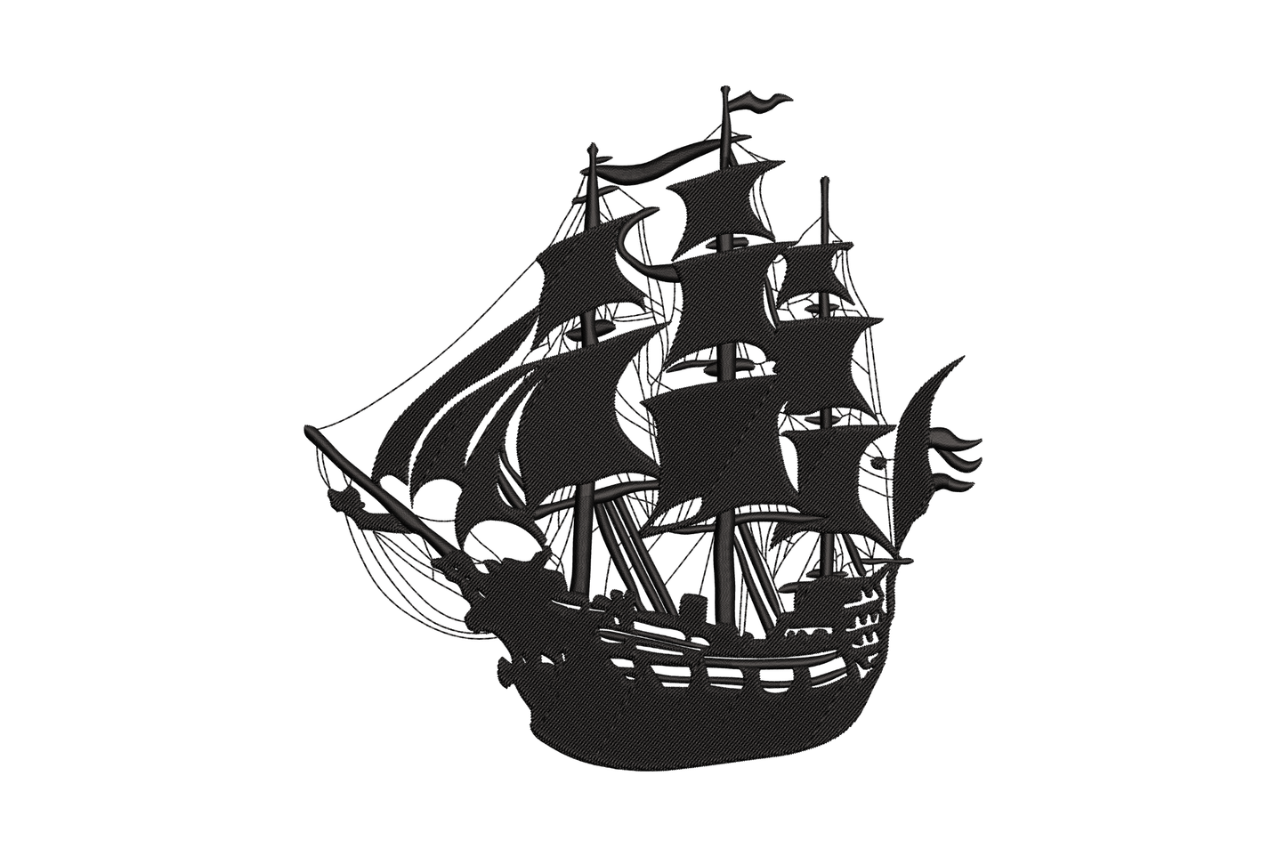 Vintage tall ship galleon silhouette embroidery design in solid black, 3 masts full sails, 5 sizes up to 7.5 by 7.4 inches