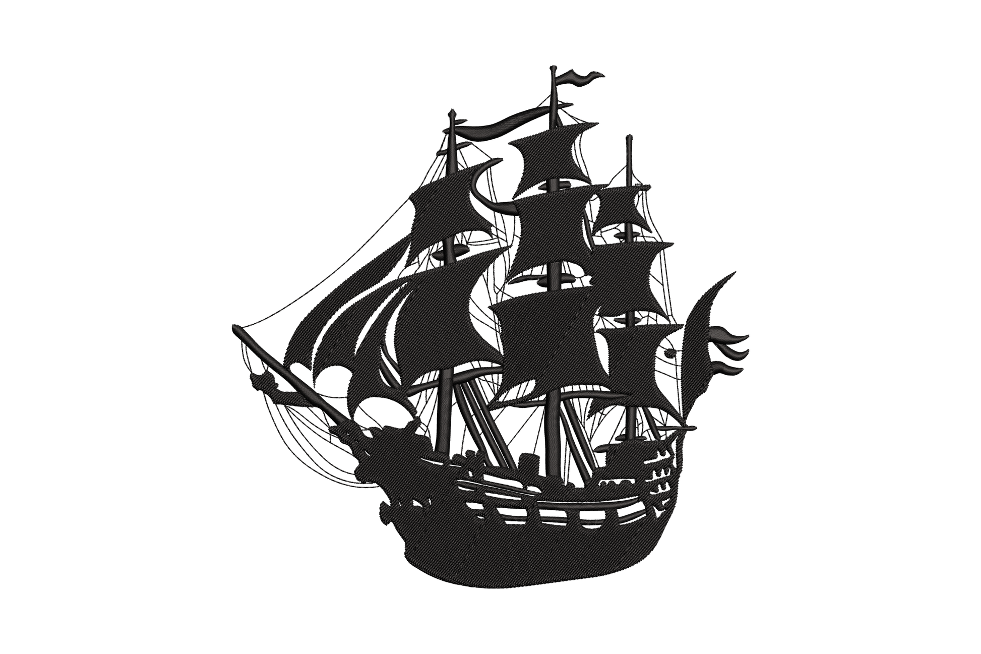 Vintage tall ship galleon silhouette embroidery design in solid black, 3 masts full sails, 5 sizes up to 7.5 by 7.4 inches